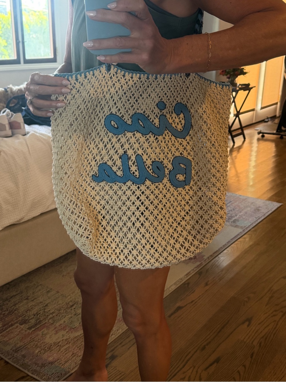 Beach Crochet Tote Bag with Blue 'Ciao Bella' Applique